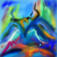 an abstract painting of a bull in blue and orange colors