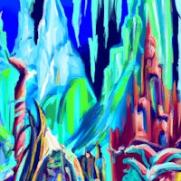 a colorful painting of a castle and icebergs